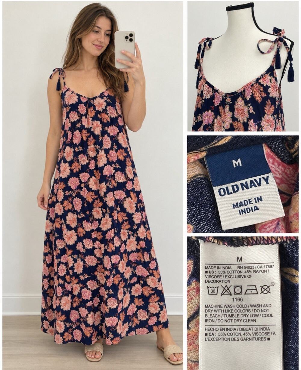 NWT Relaxed Coastal Boho Old Navy Tie Strap Floral Maxi Dress Sz M Navy Relaxed
